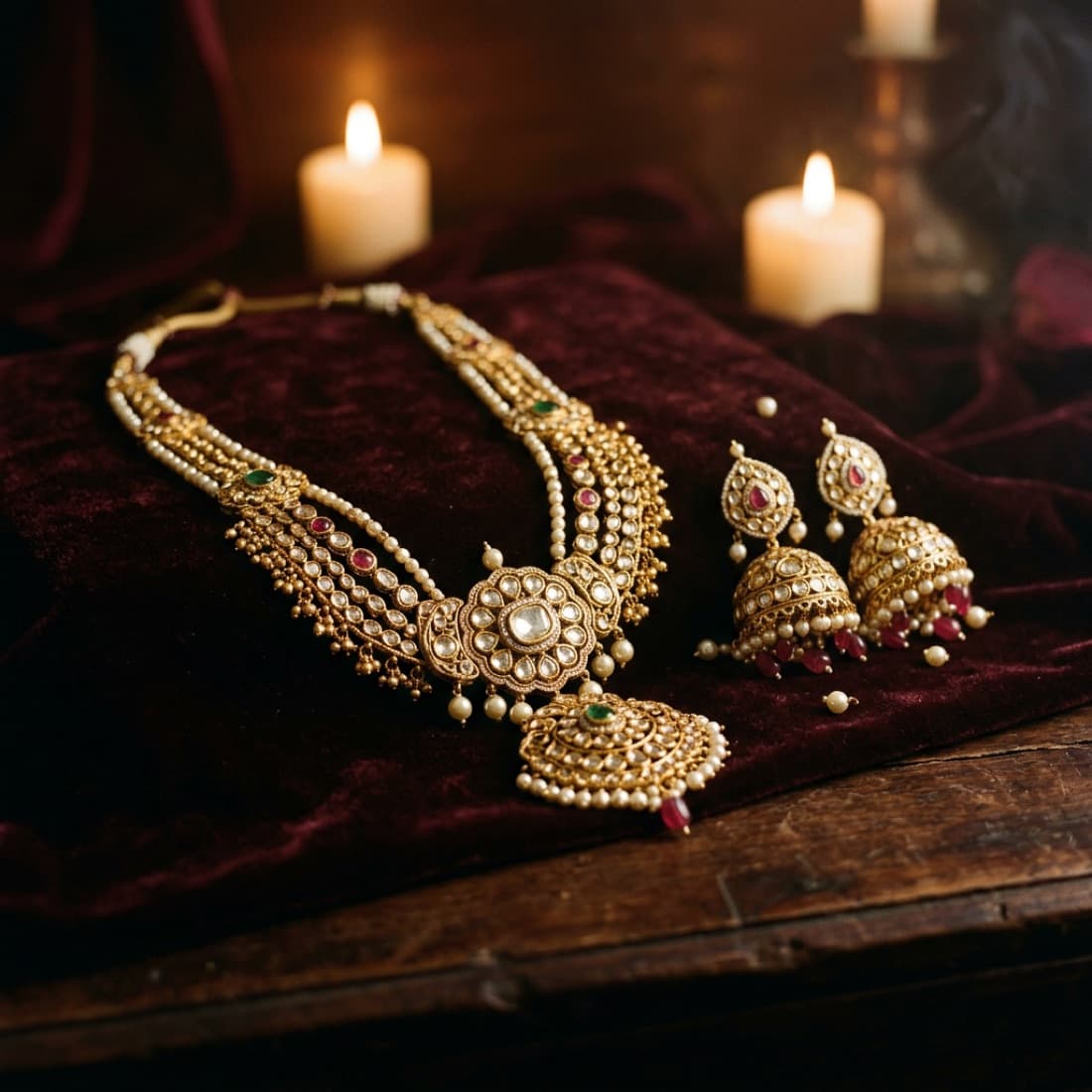 Kundan bridal jewellery laid out by candlelight, on deep crimson velvet