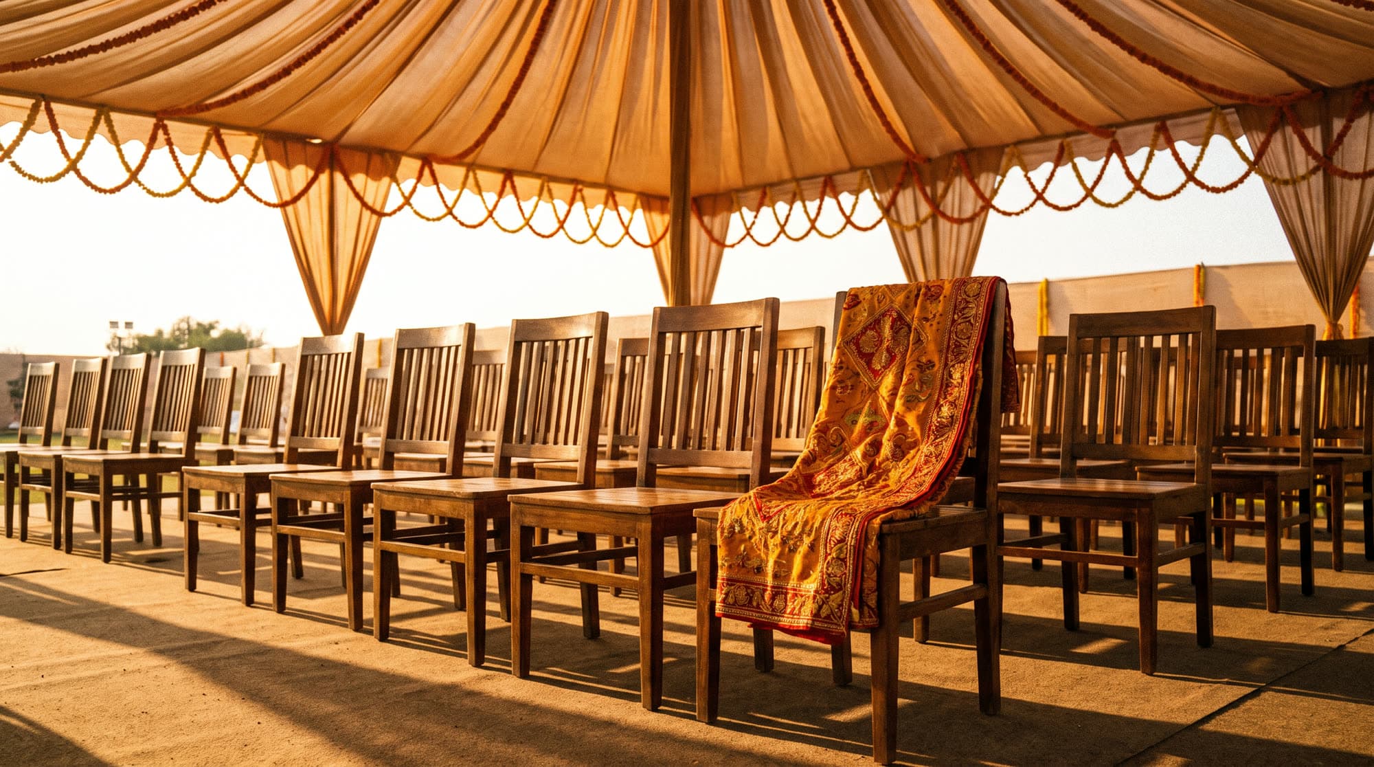 Empty chairs under a shamiana, one still holding a shawl