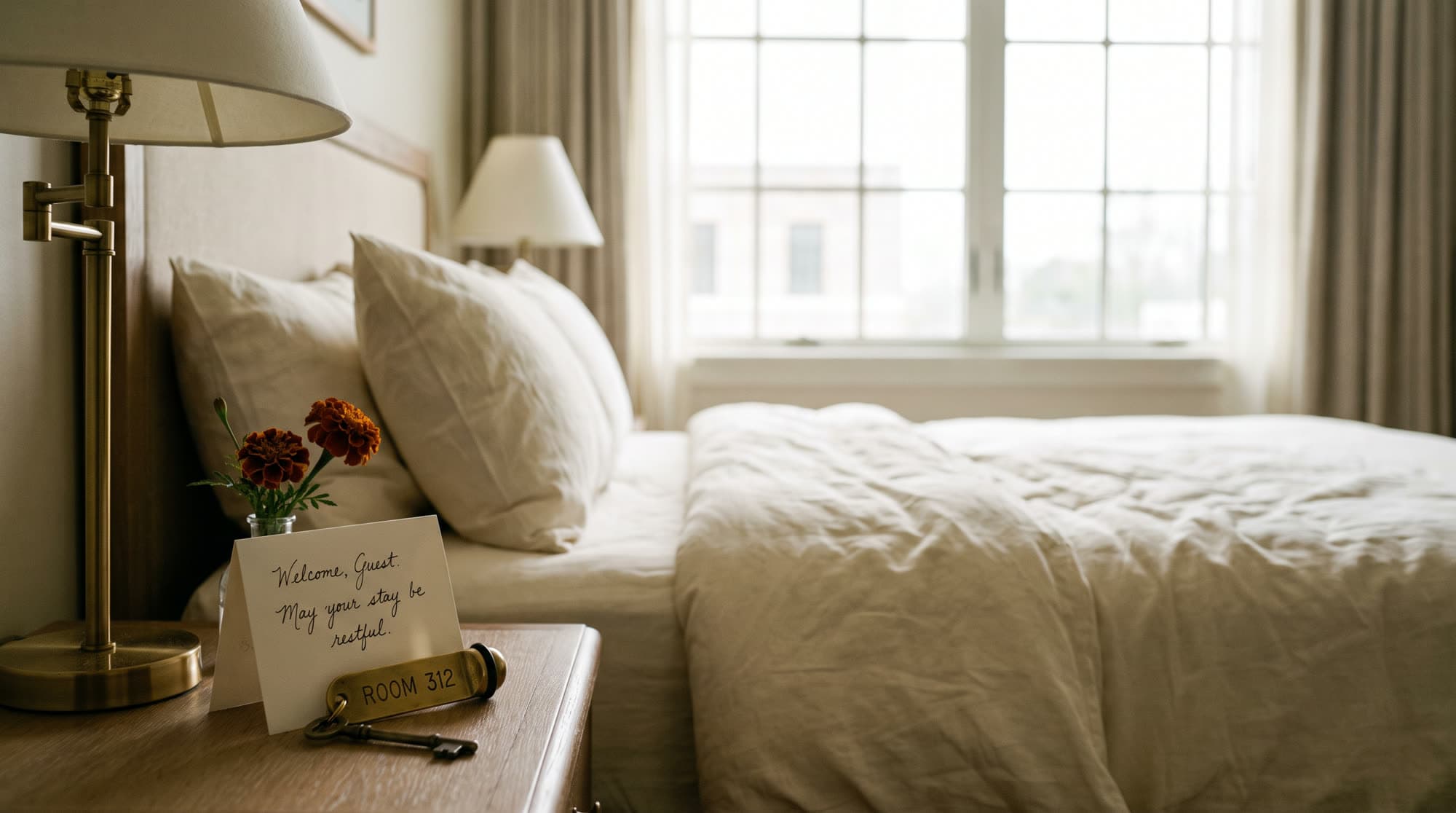 A turned-down hotel bed with a welcome note, a brass key tag and a marigold sprig