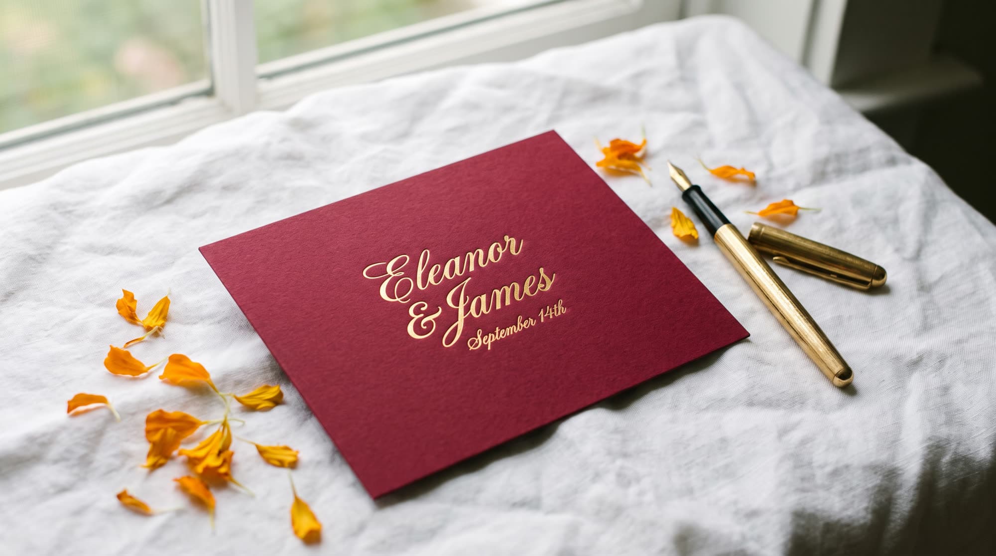 A letterpress wedding invitation card on white linen, a pen and loose petals beside it