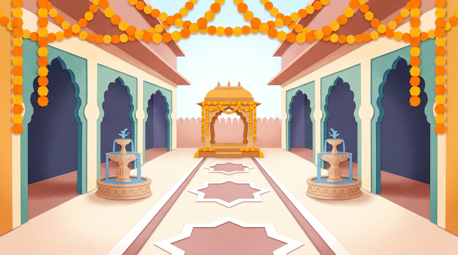 An illustrated marigold-hung courtyard with a mandap, fountains and lantern light